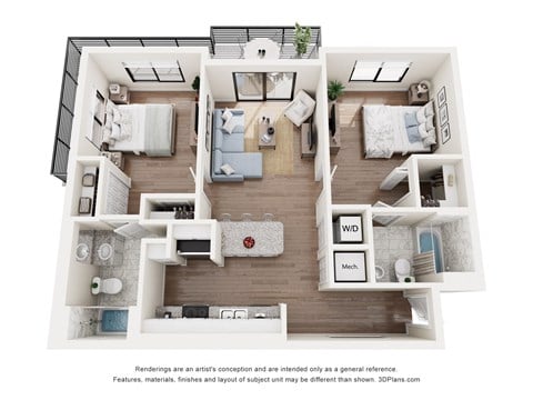 Floor plan for 2 beds, 2 baths, 971 sqft
